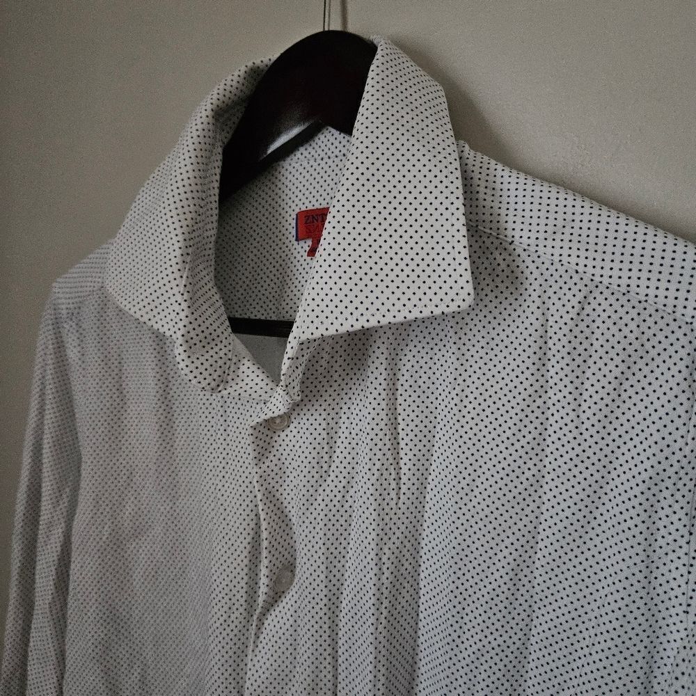 ZNT18 Button Down Shirt White Blue Polka Dot Print Neutral 16.5 34/35 - Picture 2 of 10
